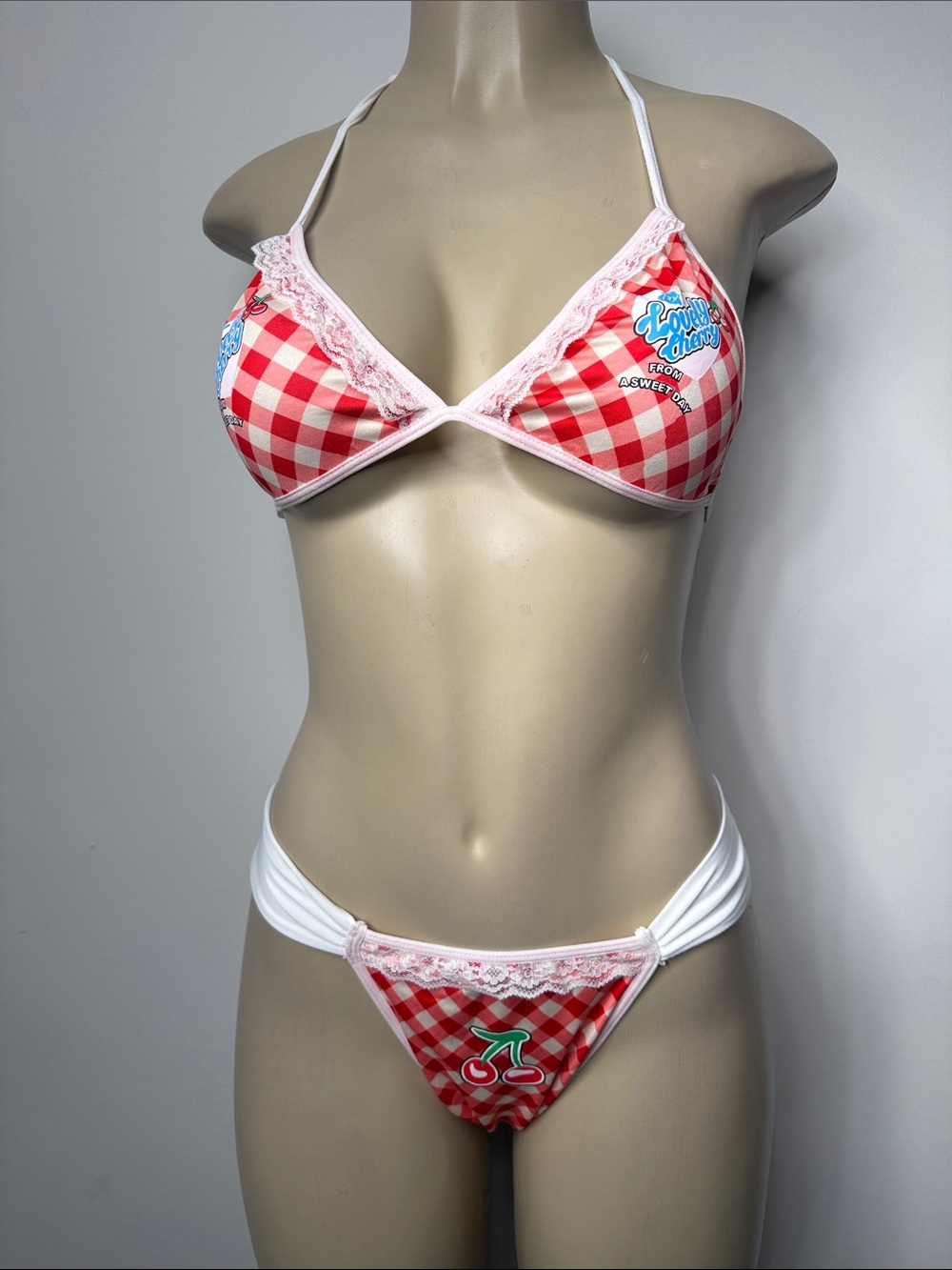 ROMWE Red Gingham Triangle Bikini with Cherry Patch